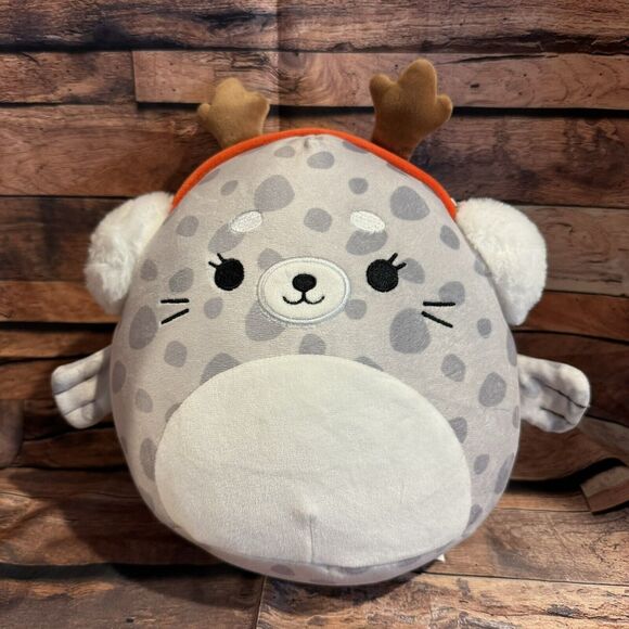 Squishmallows Odile Gray Spotted Seal Plush w/ Antlers & Earmuffs Holiday 10" - Picture 1 of 7